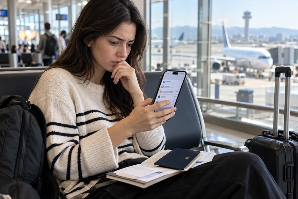 Traveler checking a smartphone for a missing Korea e-Arrival Card verification message