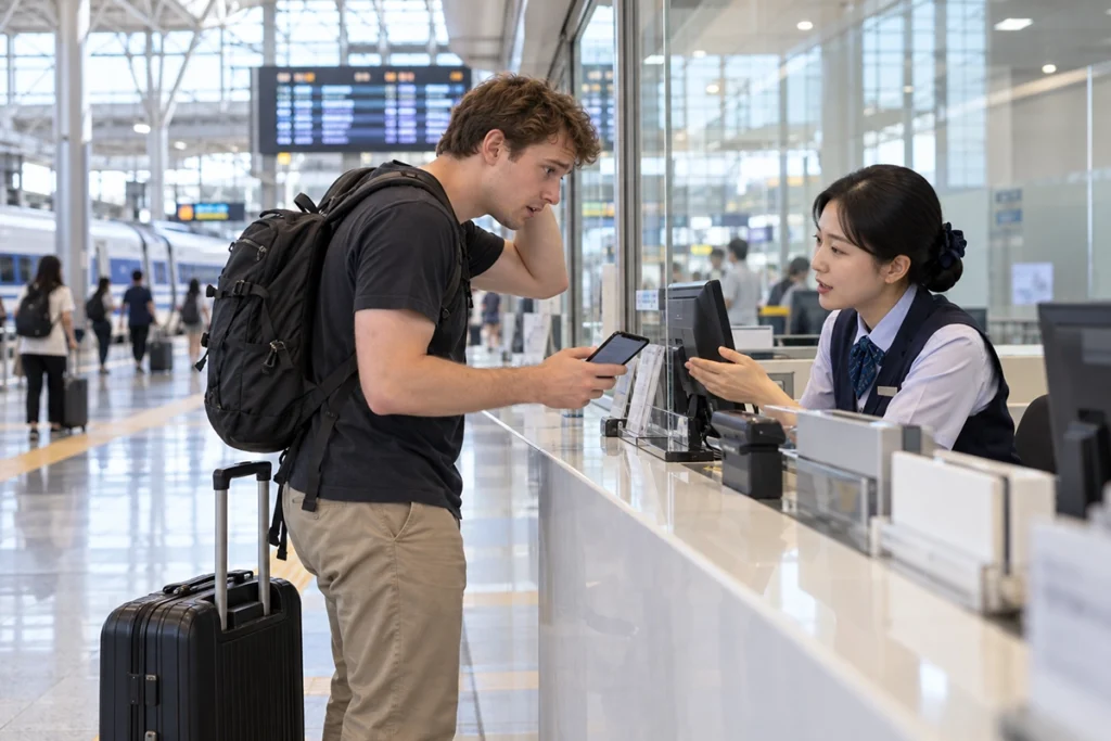 Foreign traveler asking railway staff for help after missing a KTX train in Korea