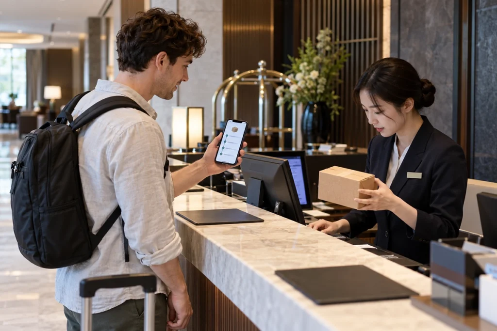 Traveler checking parcel tracking with a Korean hotel receptionist