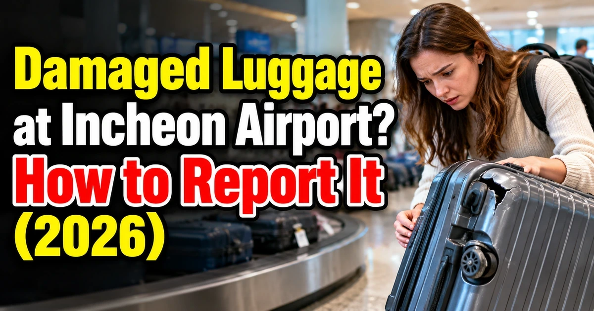 International traveler inspecting a cracked suitcase and broken wheel in the baggage claim area at Incheon Airport.