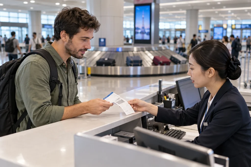 Traveler reporting delayed checked baggage at an airport baggage service counter