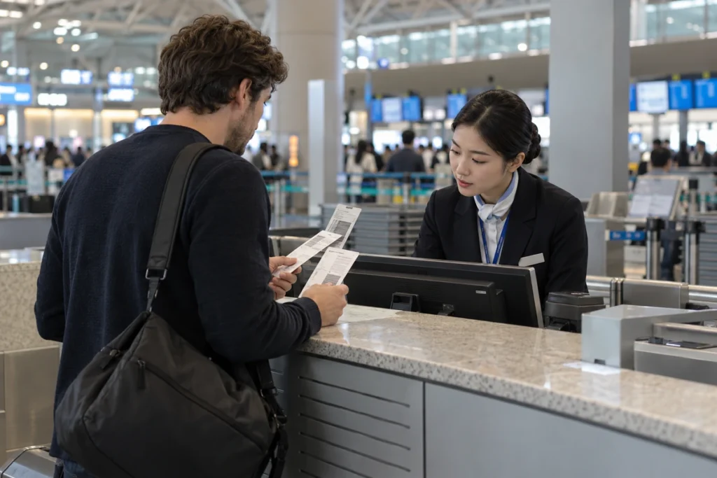 International traveler showing baggage documents to airline staff at Incheon Airport after leaving a power bank in checked luggage.