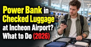 International traveler discovering a power bank in checked luggage at Incheon Airport before airline check-in.