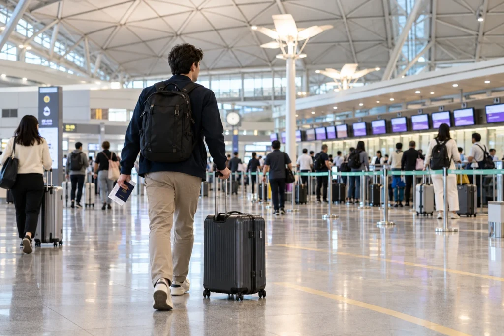 Traveler pulling a suitcase toward the departure check-in counters at Incheon Airport Terminal 1 after transferring from Terminal 2.
