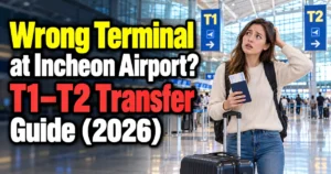 Foreign traveler confused at the wrong terminal at Incheon Airport, with a 2026 T1–T2 transfer guide.