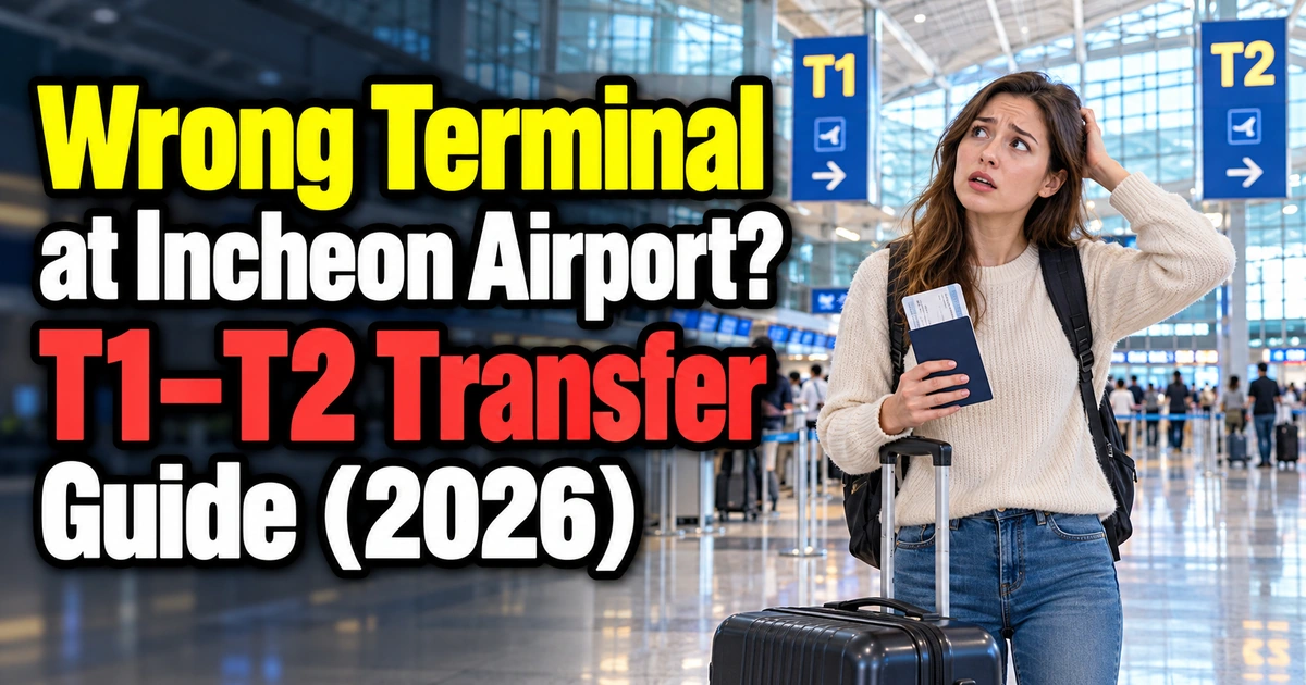 Foreign traveler confused at the wrong terminal at Incheon Airport, with a 2026 T1–T2 transfer guide.