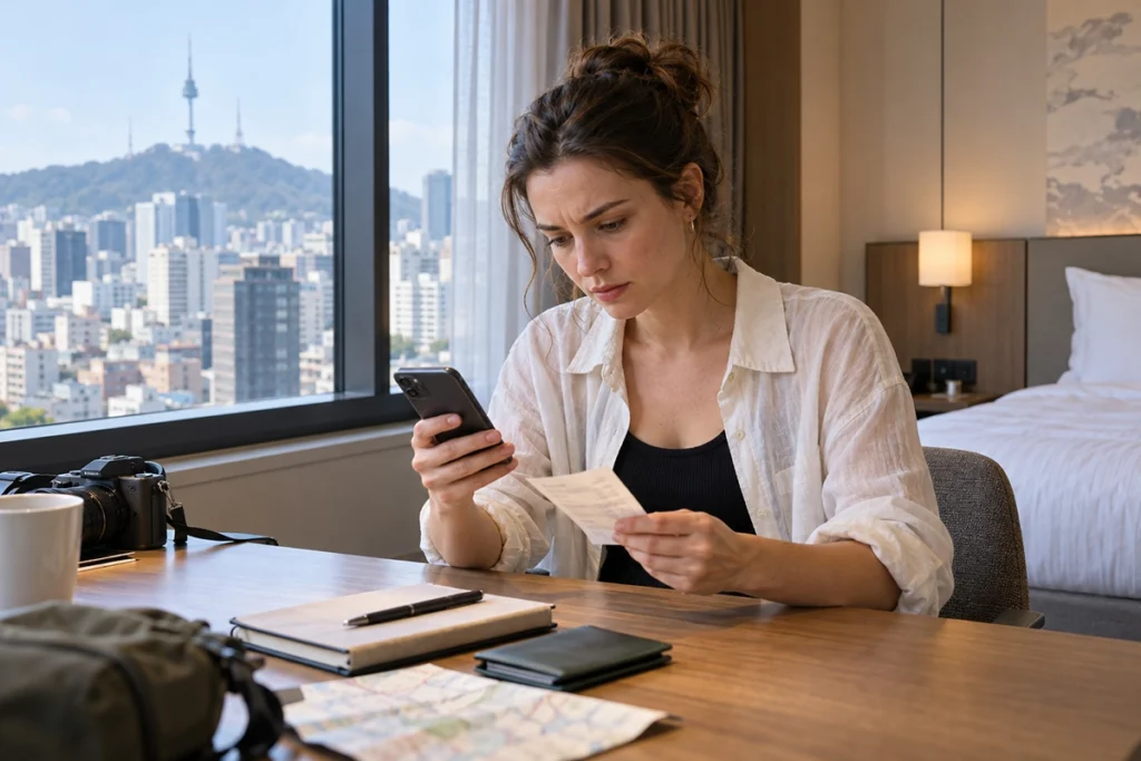 Traveler comparing a Korean payment receipt with credit card transactions in a hotel room