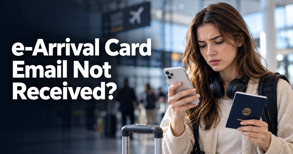 International traveler checking a phone for a Korea e-Arrival Card verification email while holding a passport
