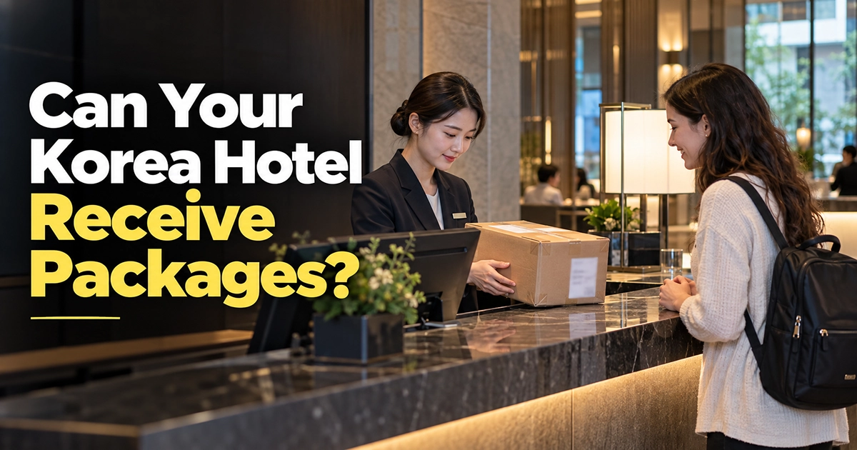 Tourist collecting a delivered package from the front desk of a hotel in Korea