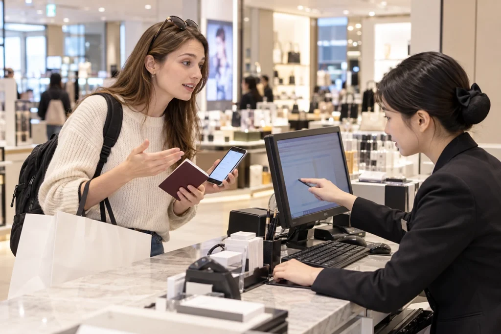 Tourist asking a Korean store employee to reissue a lost tax refund receipt