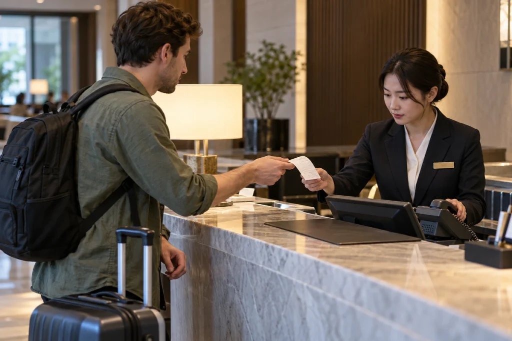 Foreign traveler handing a taxi receipt to a Seoul hotel receptionist for help contacting the driver about a lost phone.