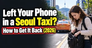 Foreign traveler searching her bag for a lost phone as a taxi drives away on a Seoul street.