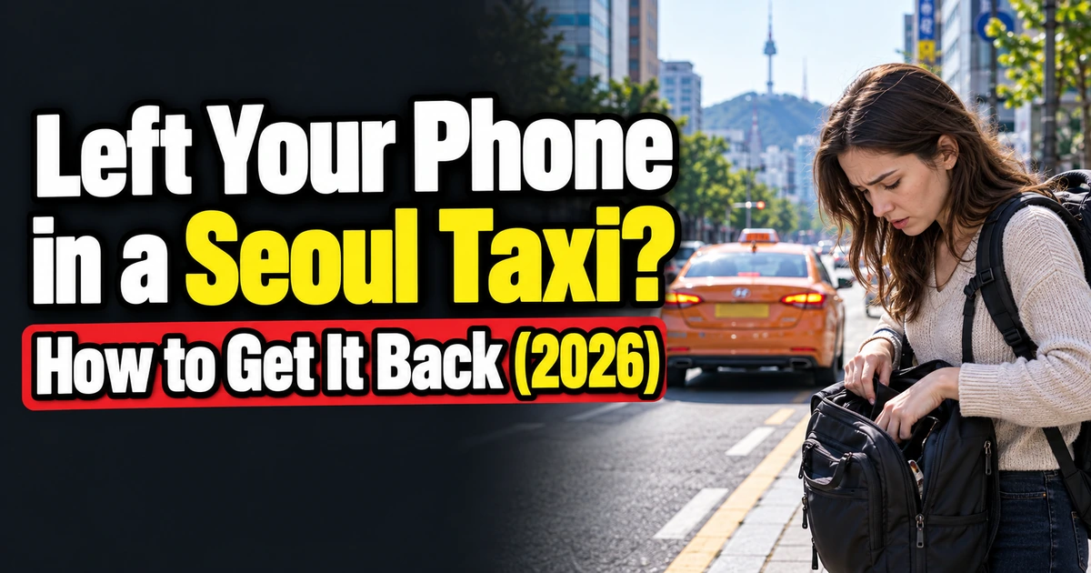 Foreign traveler searching her bag for a lost phone as a taxi drives away on a Seoul street.
