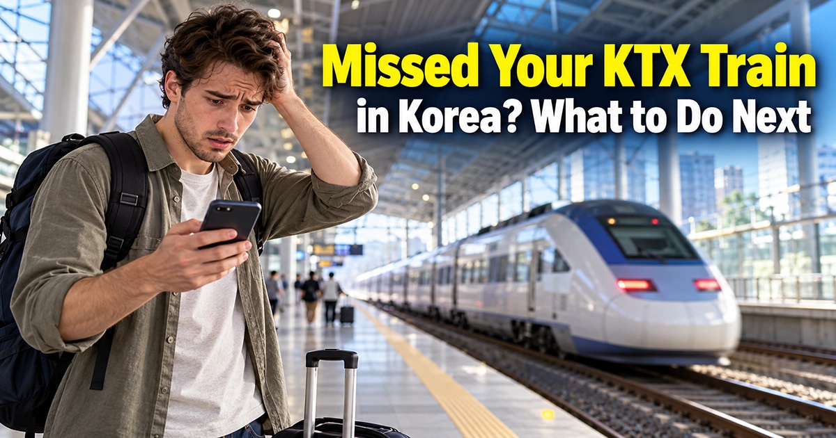 Foreign traveler checking a phone after missing a KTX train at a Korean railway station
