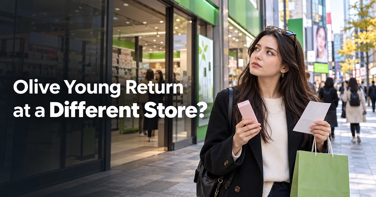 Tourist checking whether an Olive Young purchase can be returned at a different store in Korea