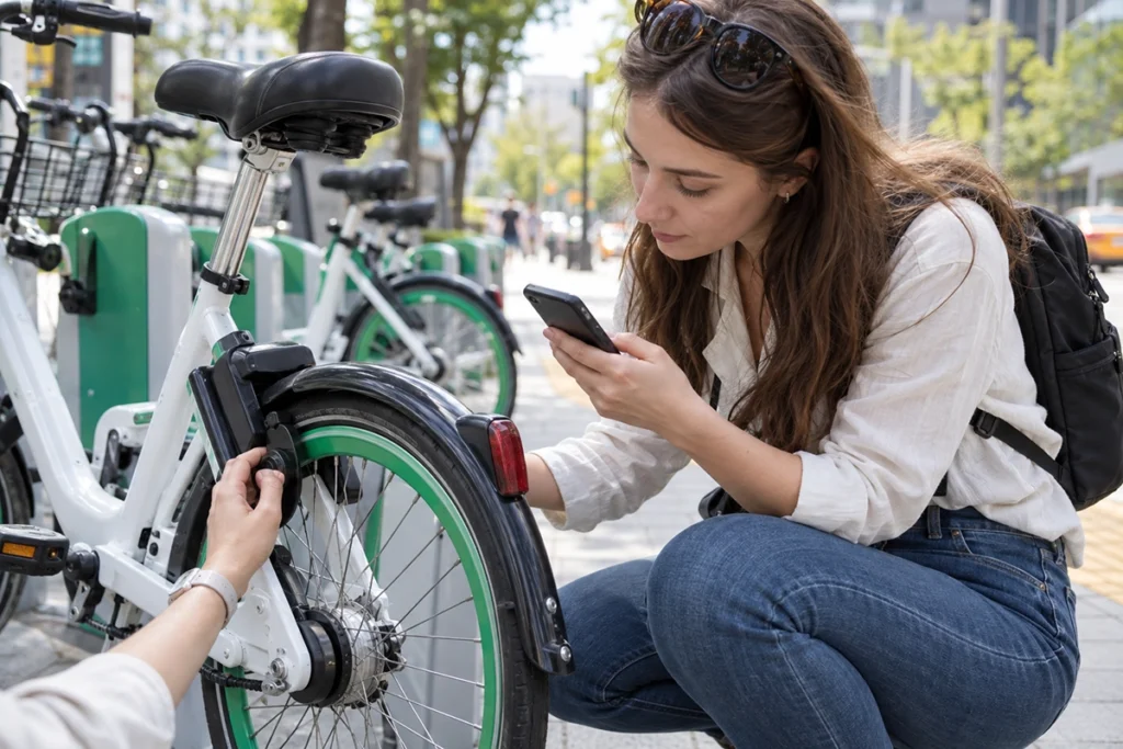 International traveler checking the rear-wheel lock of a Seoul public rental bicycle while holding a smartphone.