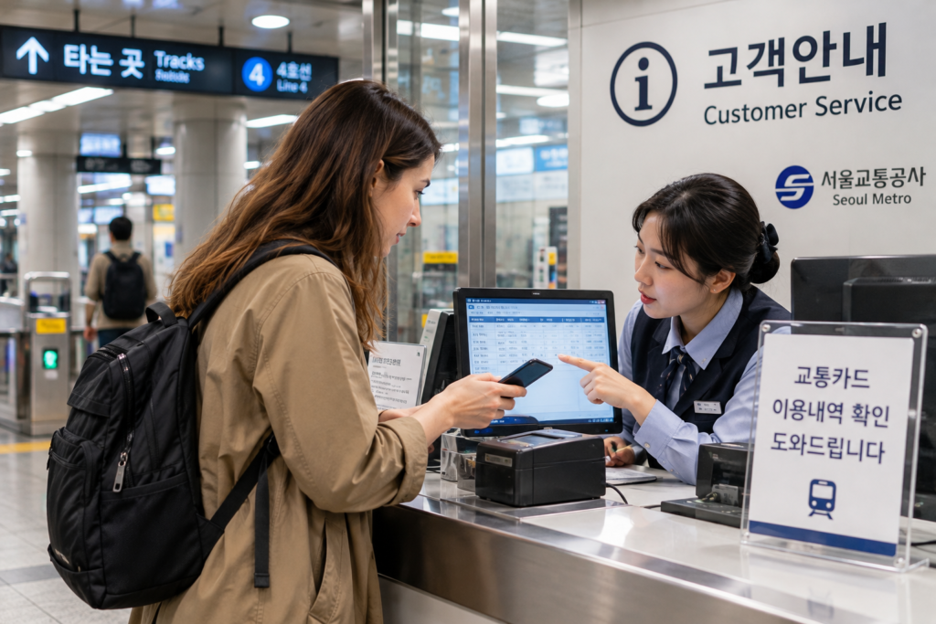 An international traveler presents a transit card to a Seoul subway station employee to request a fare record check.