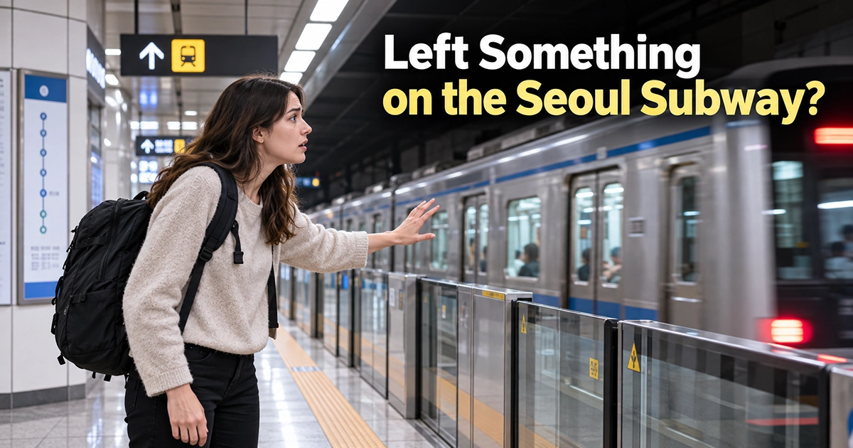 Traveler realizing a bag was left on a Seoul subway train