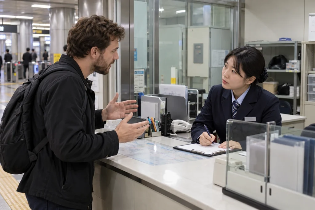 Traveler asking a Seoul subway station employee for help with a lost bag